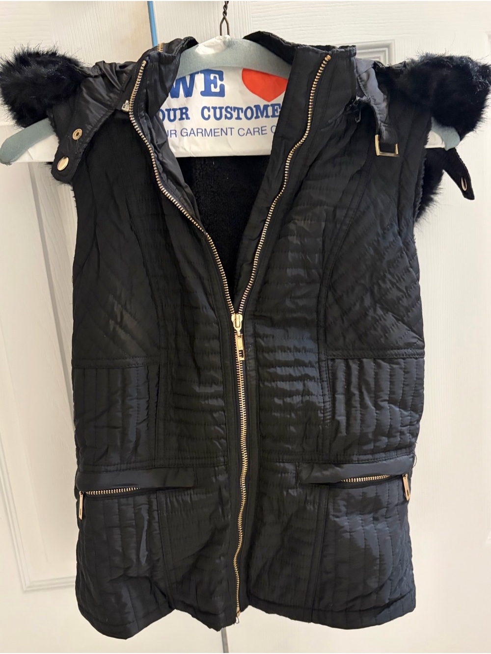 Daisy Black Quilted Hooded Vest with Faux Fur Trim